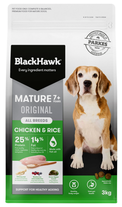 Black Hawk dog food Chicken & Rice | mature 7+ years - 3kg Bag - Peticular