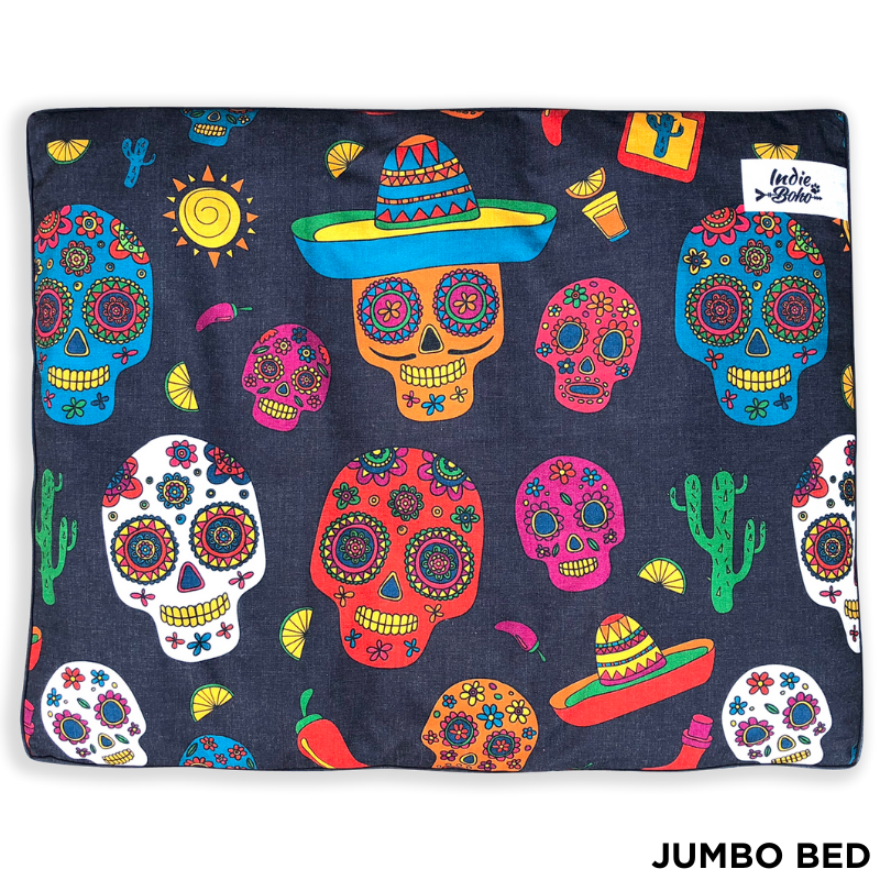Indie Boho Cushion Pet Bed | Mexican Skulls | Peticular