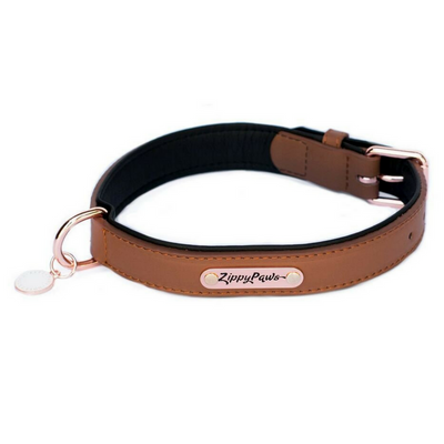 Zippy Paws Leather & Rose Gold Dog Collar | Brown | Peticular