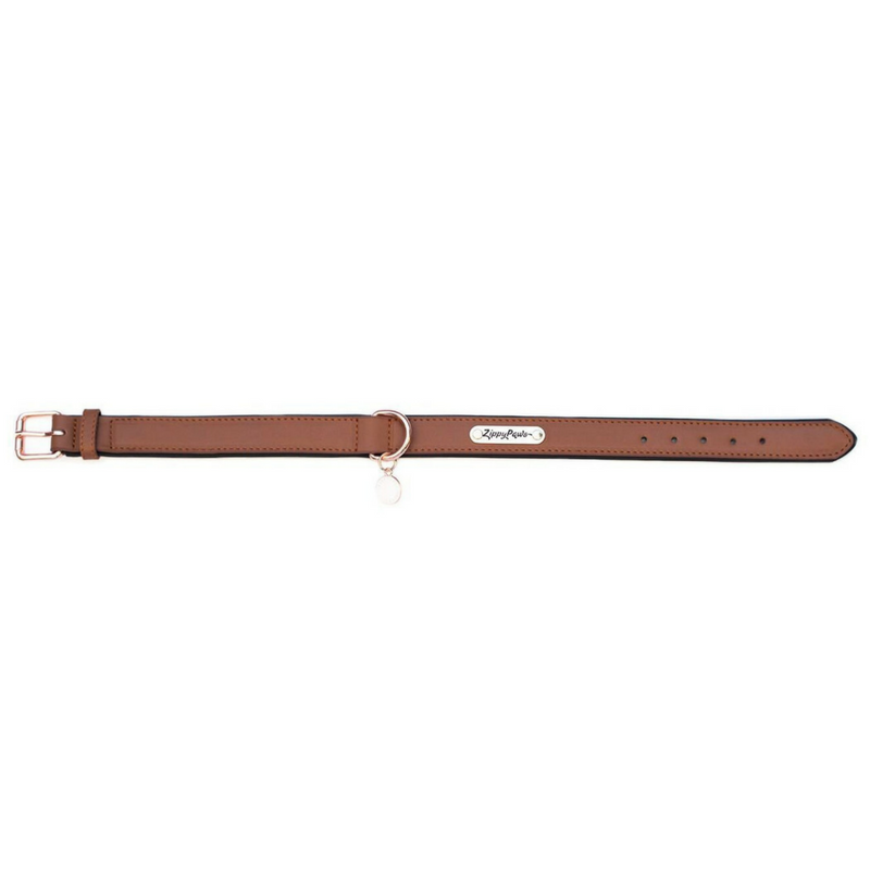 Zippy Paws Leather & Rose Gold Dog Collar | Brown | Peticular